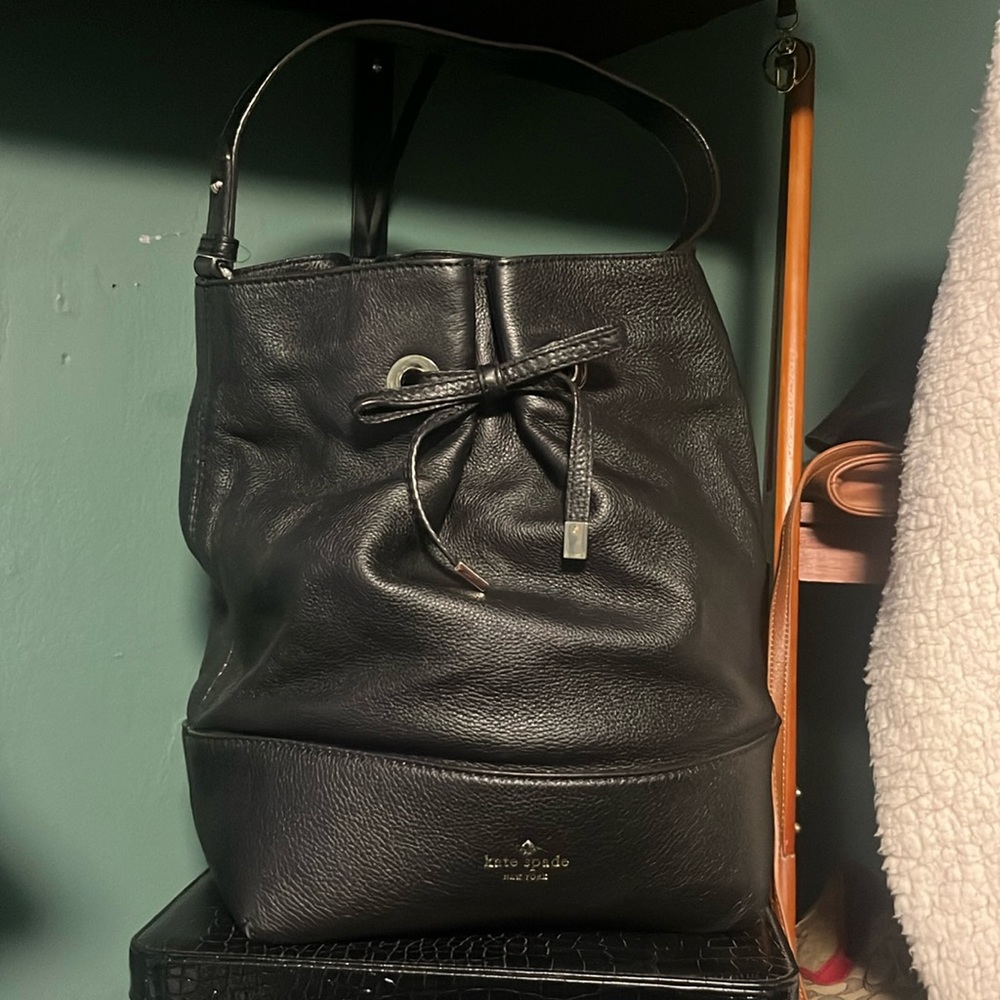 Kate Spade Black Bucket Bag Silver Hardware Green Polka-dot Lining